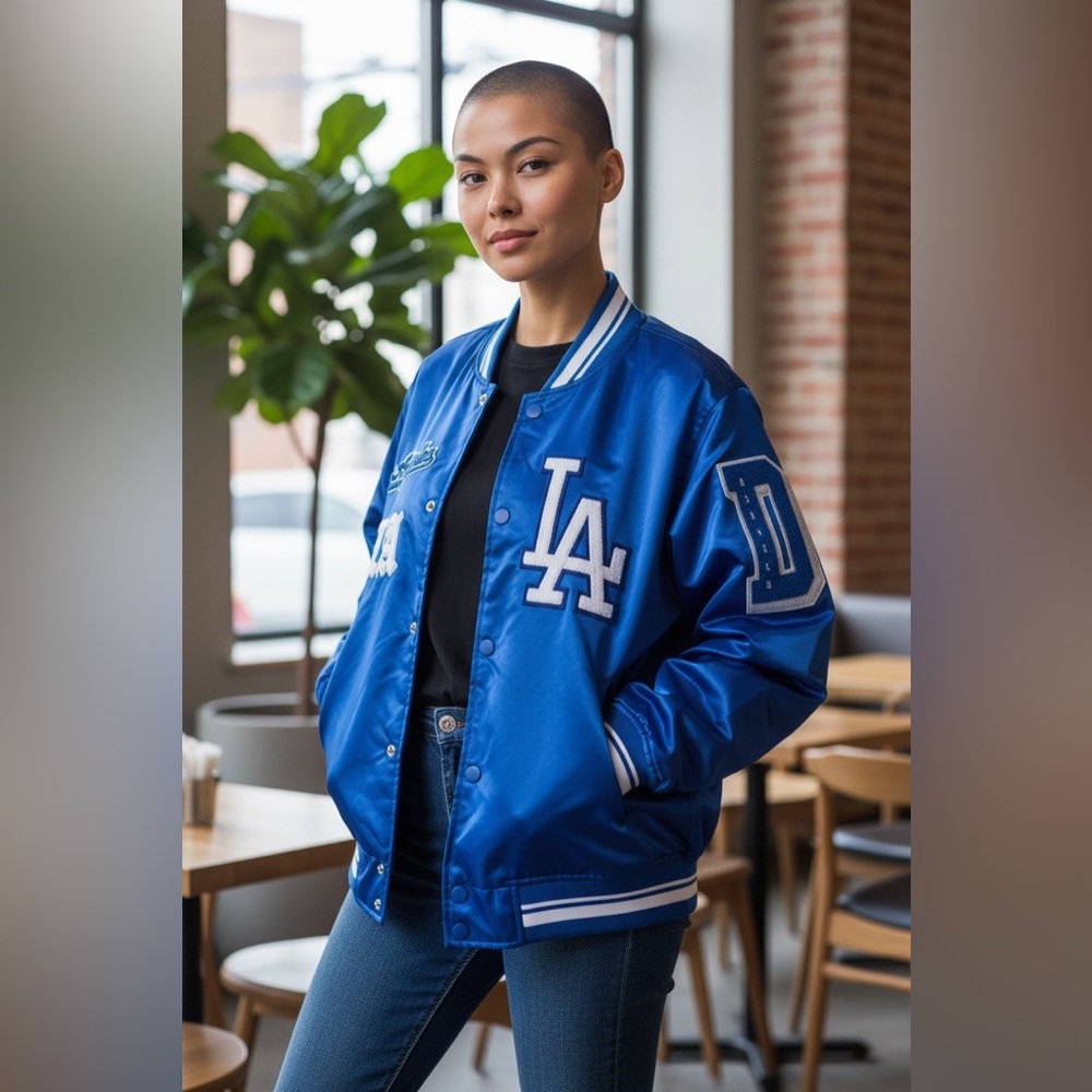 Los Angeles Dodgers MLB Royal Blue Old English Satin Varsity Patch Bomber Jacket